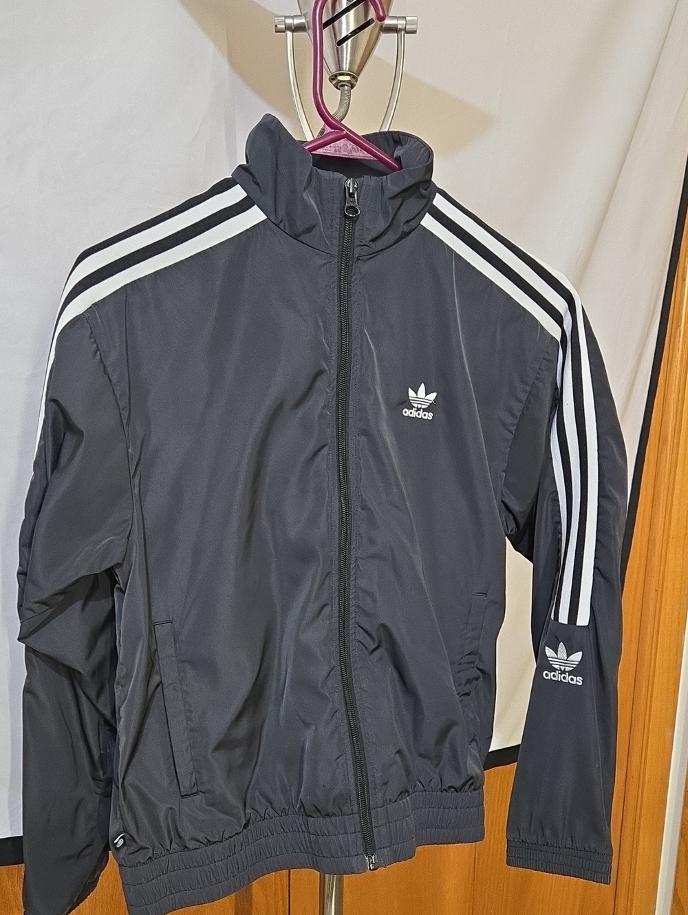 Adidas Black Jacket with White Three-Stripes S